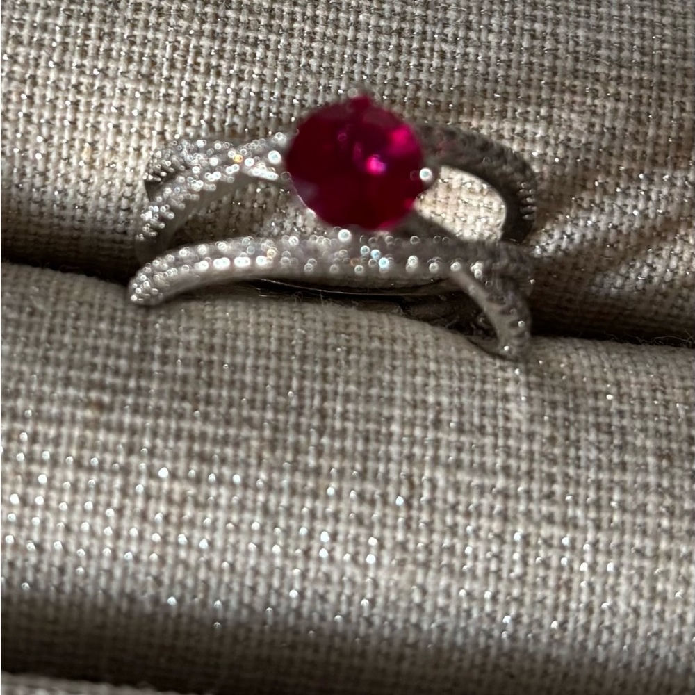Ruby Red Moissanite Sterling Silver Crossover Ring - image 5
